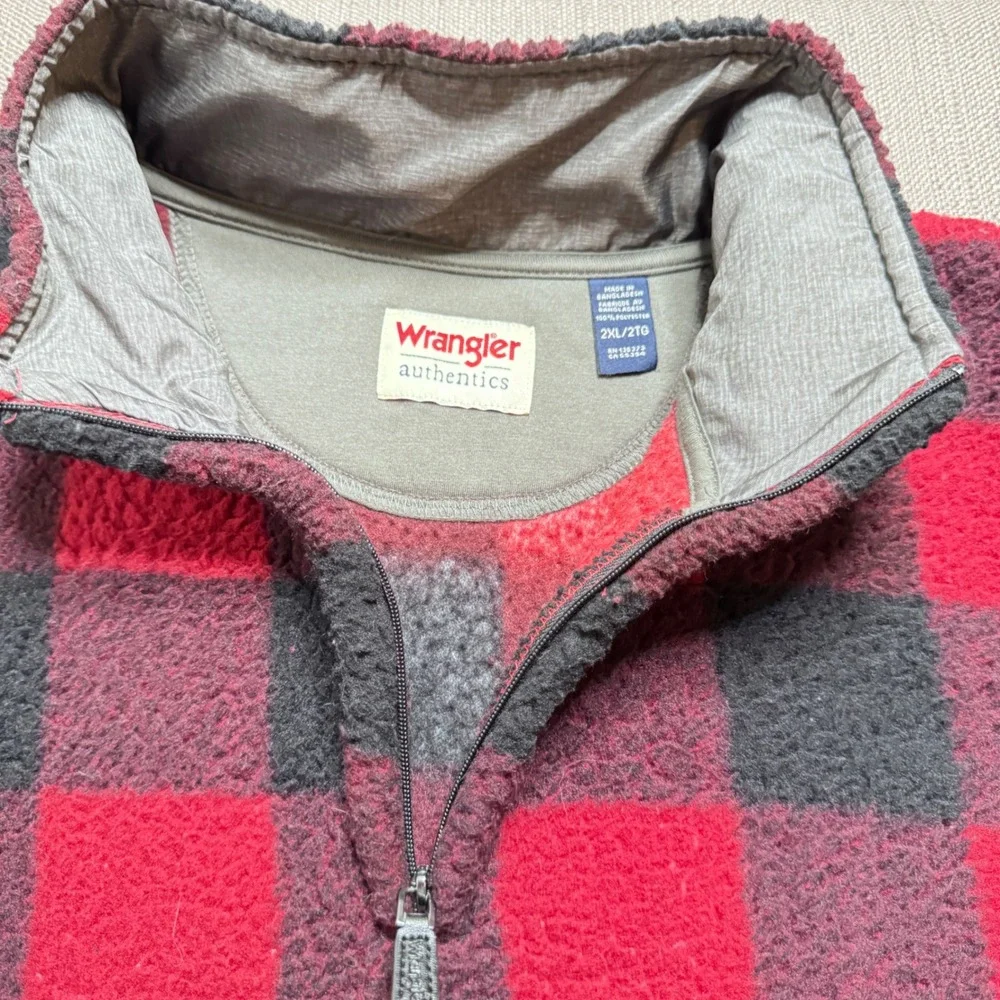 Wrangler Authentics Mens Red Black Buffalo Plaid Fleece Quarter Zip Pullover 2XL